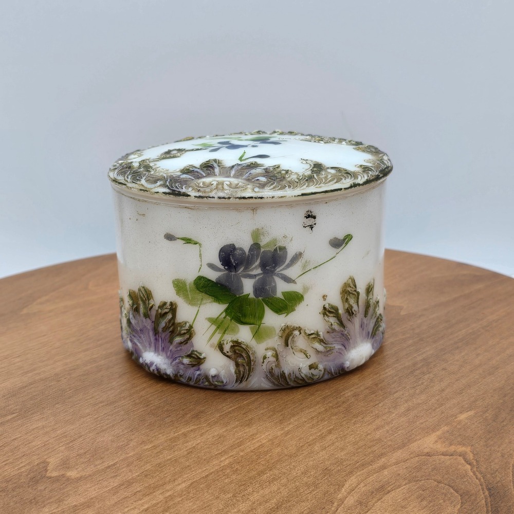 Antique EAPG Dithridge & Co Milk‎ Glass Vanity Trinket Jar Hand Painted